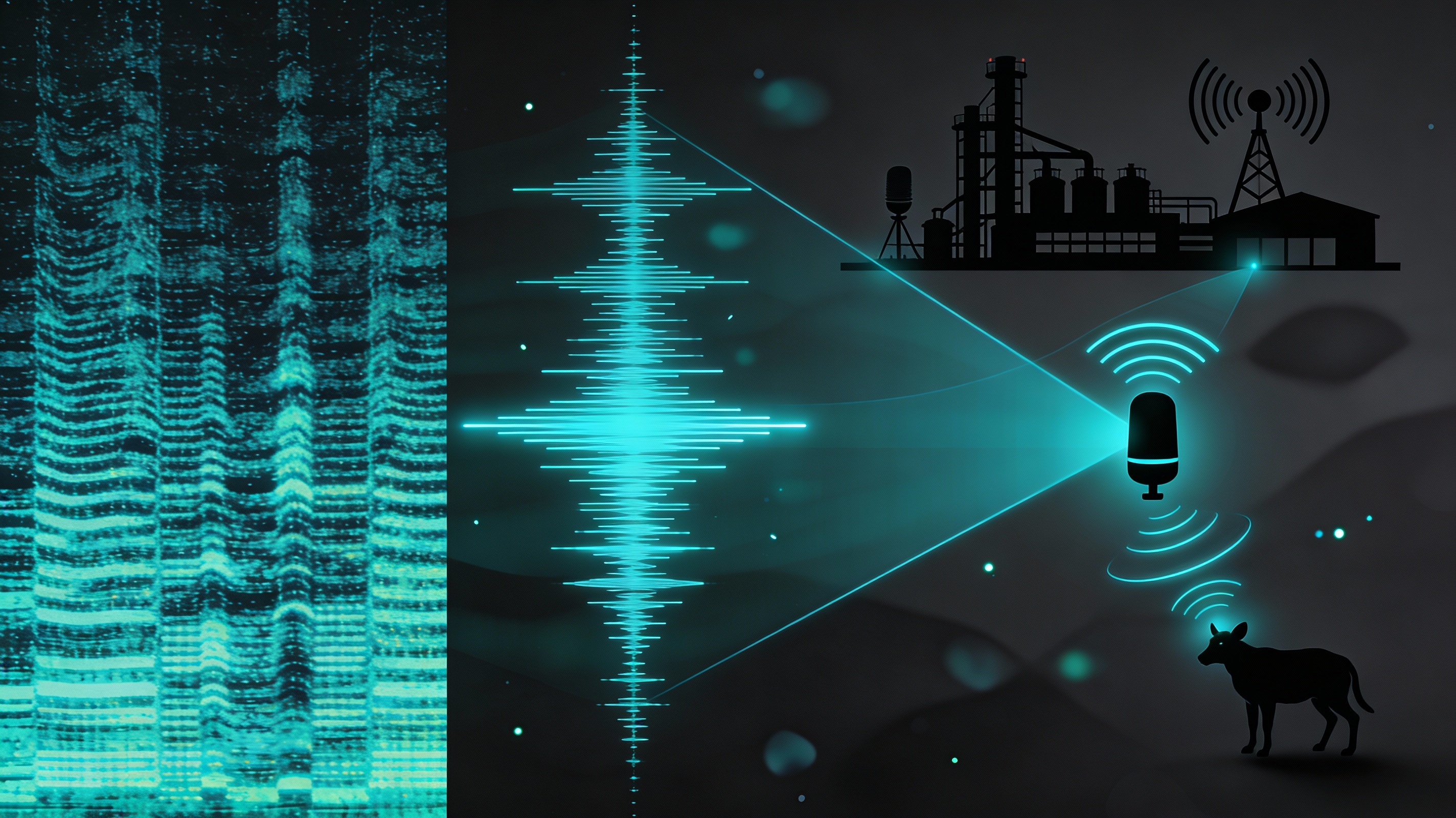 Illustration of industrial, environmental, and bioacoustic AI integration.